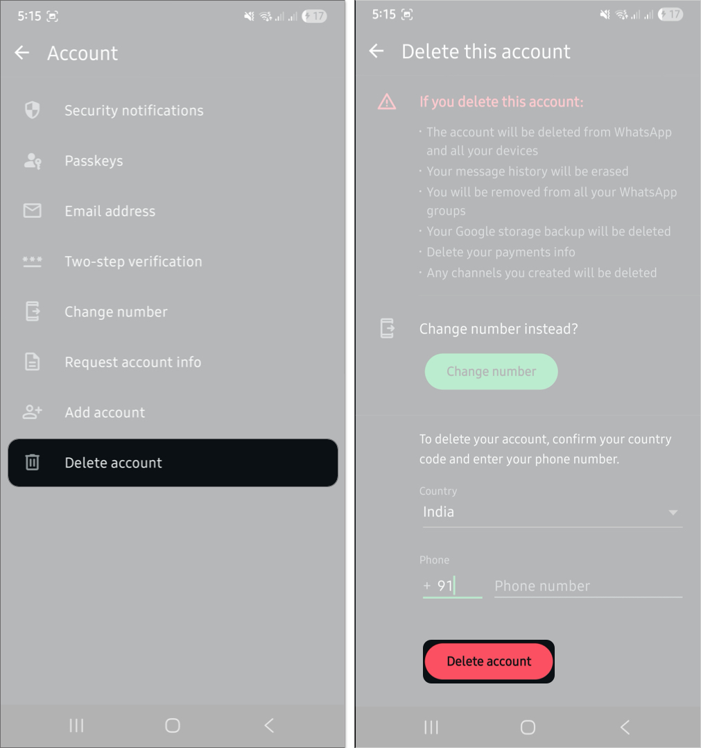Radera ett WhatsApp -konto på en Android -telefon
