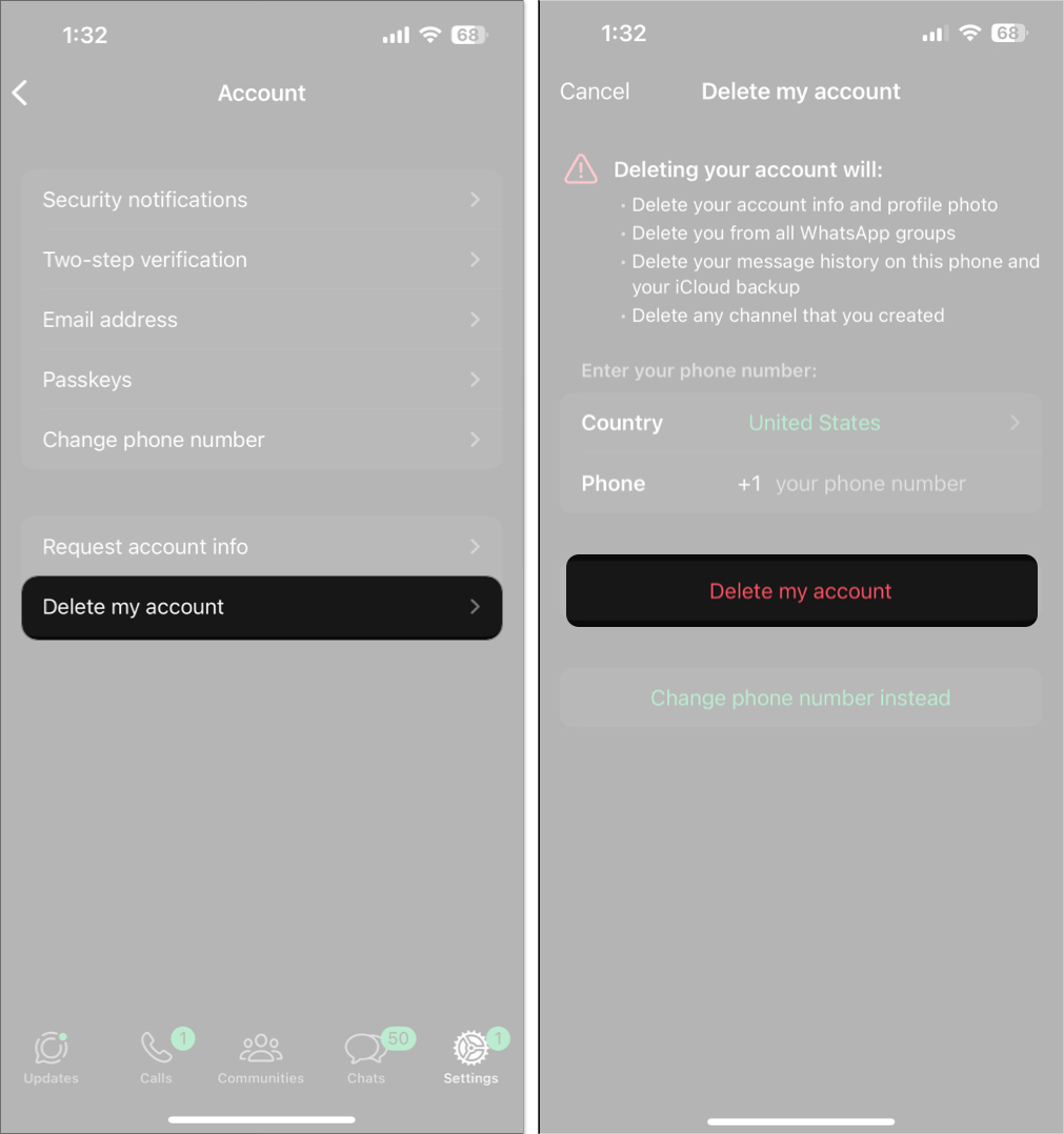 Radera ett WhatsApp -konto på en iPhone