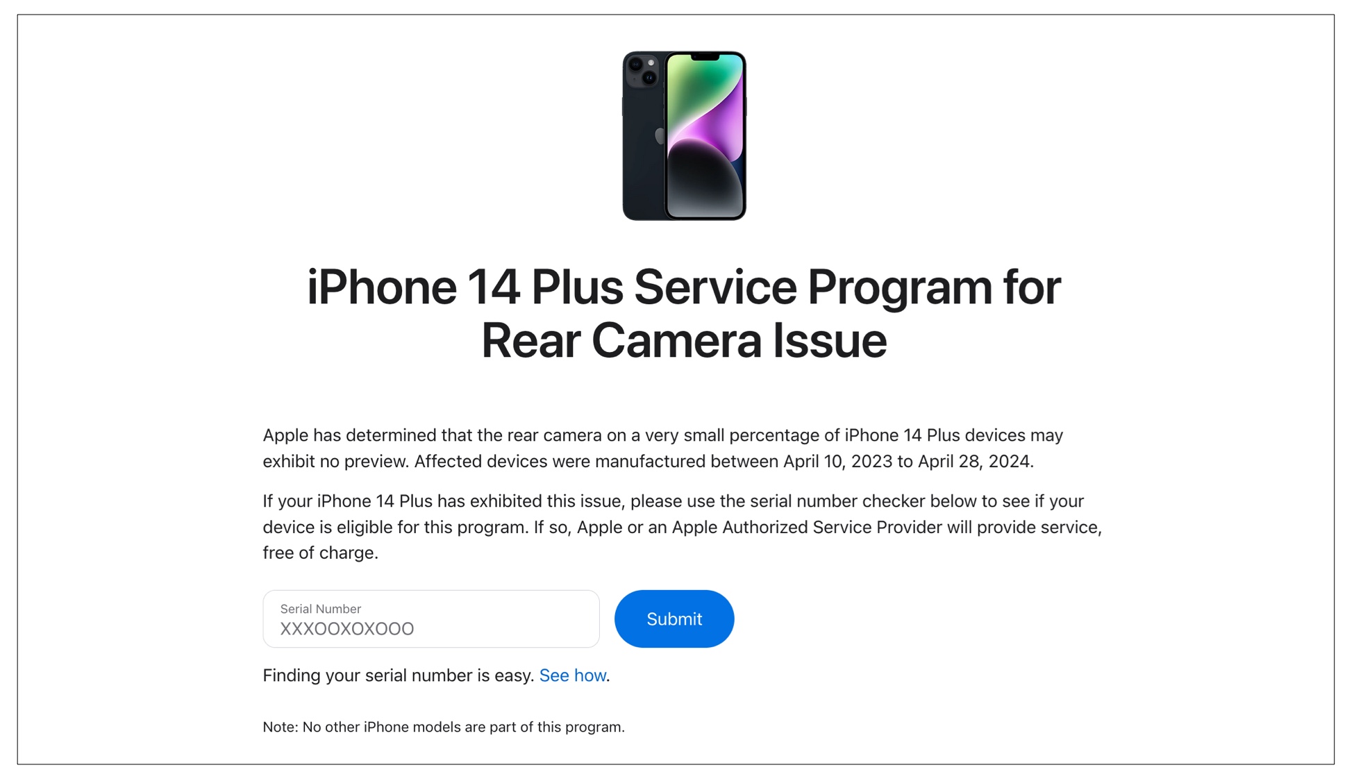 Ange en enhets serienummer för att kontrollera om ett Apple Service -programberättigande.