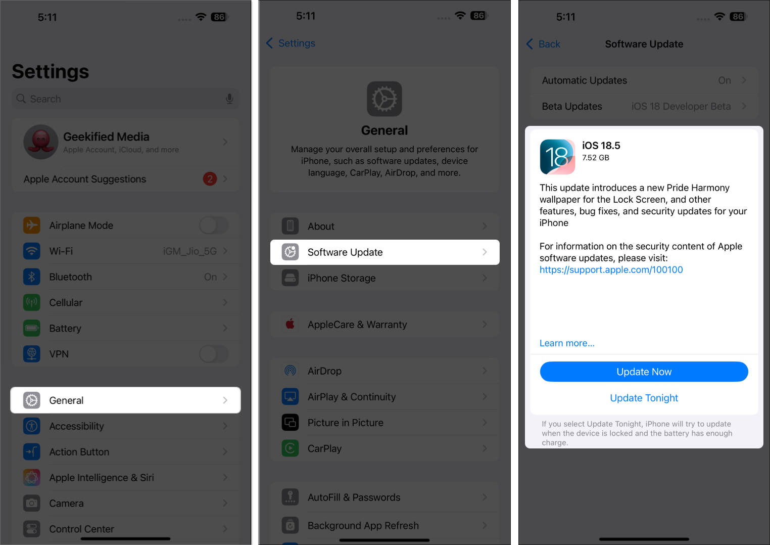 Find software update on iPhone settings