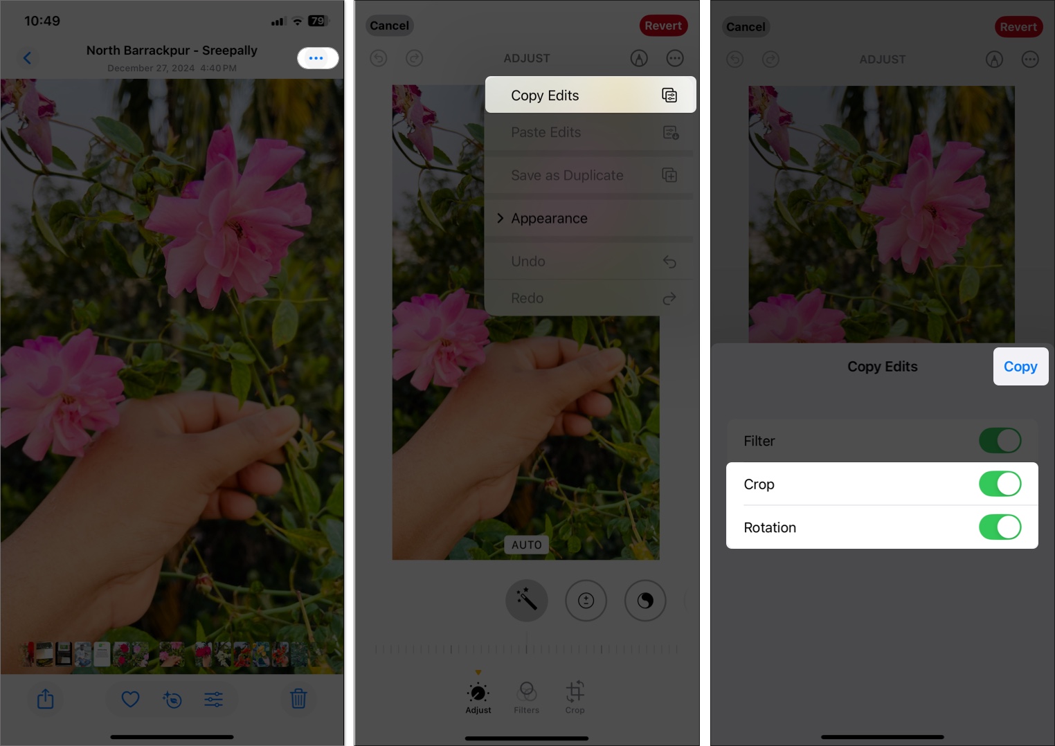 Vänd flera bilder på en gång på iPhone