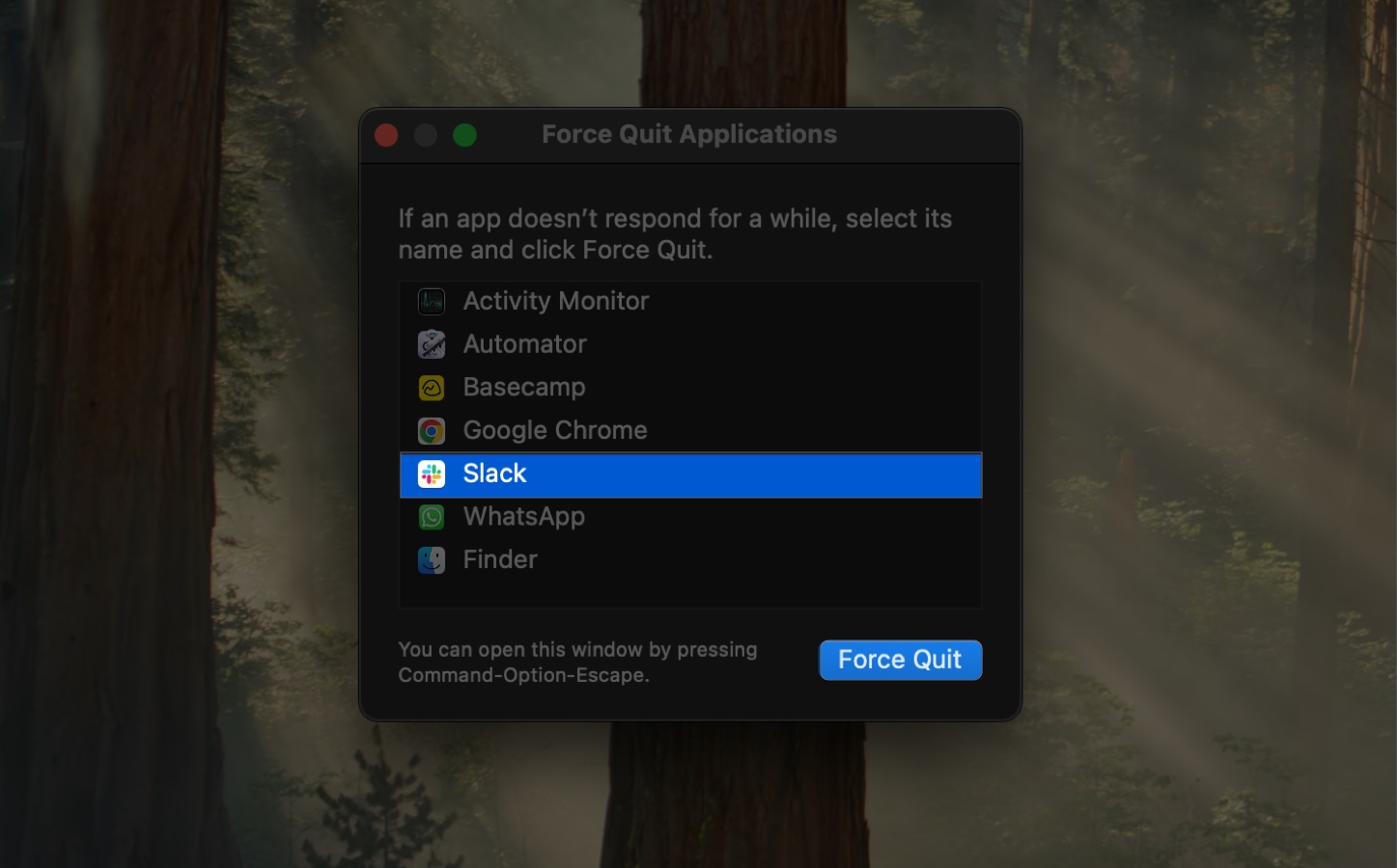 Force Quitting the Slack -appen på en Mac från Force Avsluta applikationsfönstret