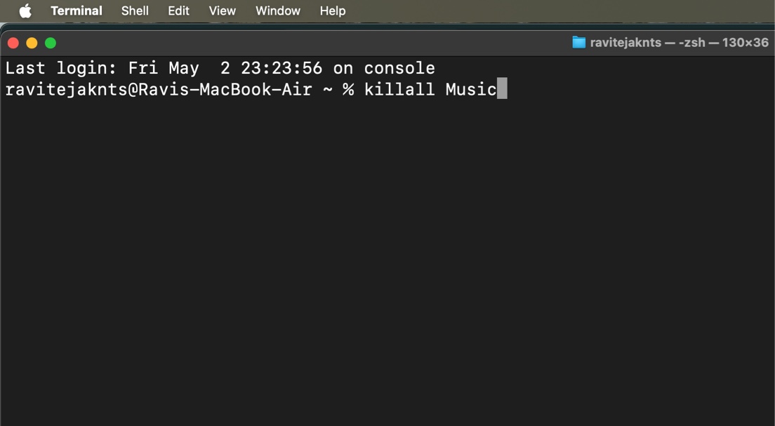 MacOS Terminal -app med ett Killall -kommando för att tvinga Apple Music App