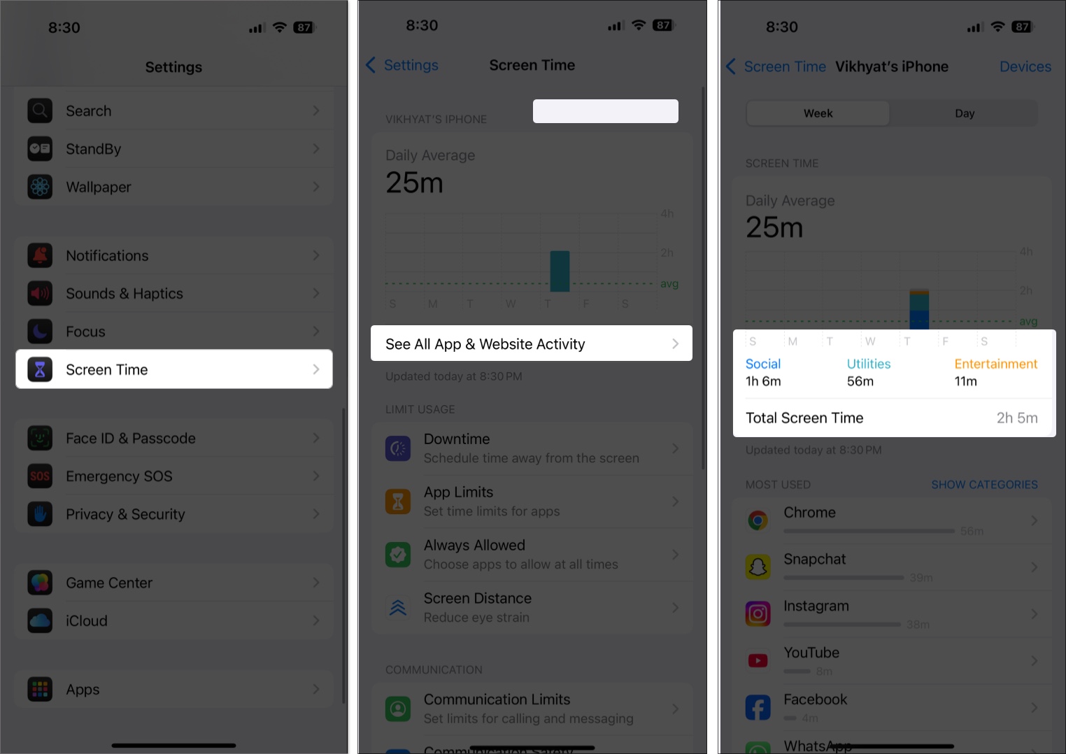 Go to screen time to view all app and website activity on iPhone