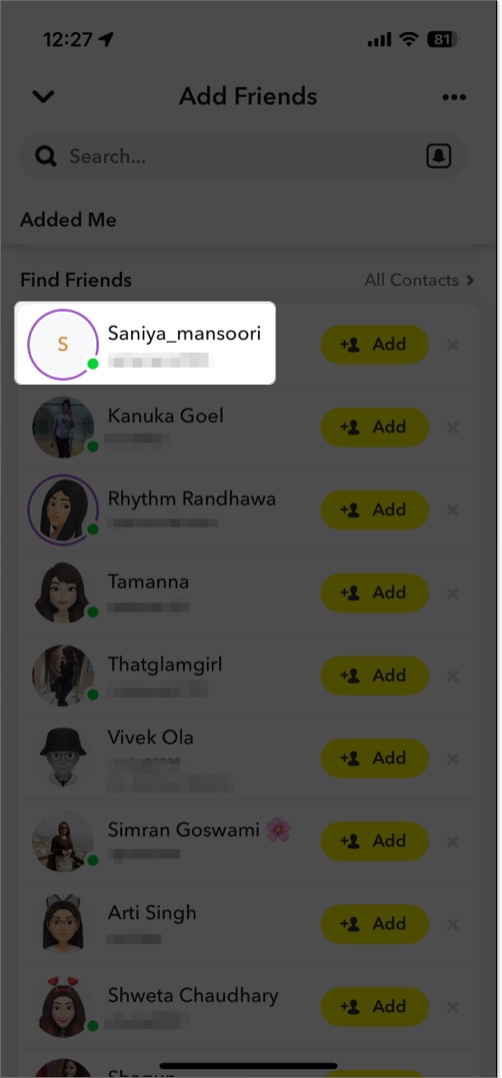 Green dot next to user Bitmoji on add friends screen in Snapchat