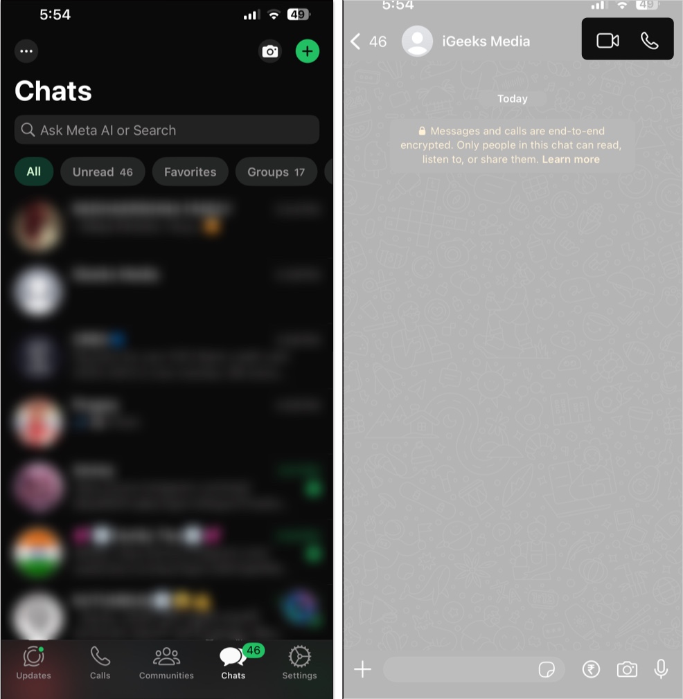 Making an audiovideo call with a contact on WhatsApp on an iPhone