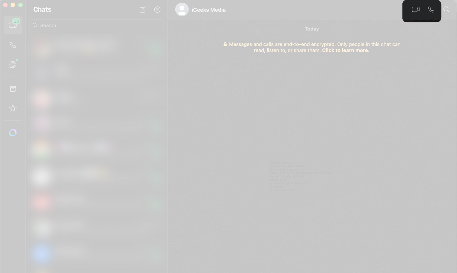 Making an audiovideo call with a contact on WhatsApp on a Mac