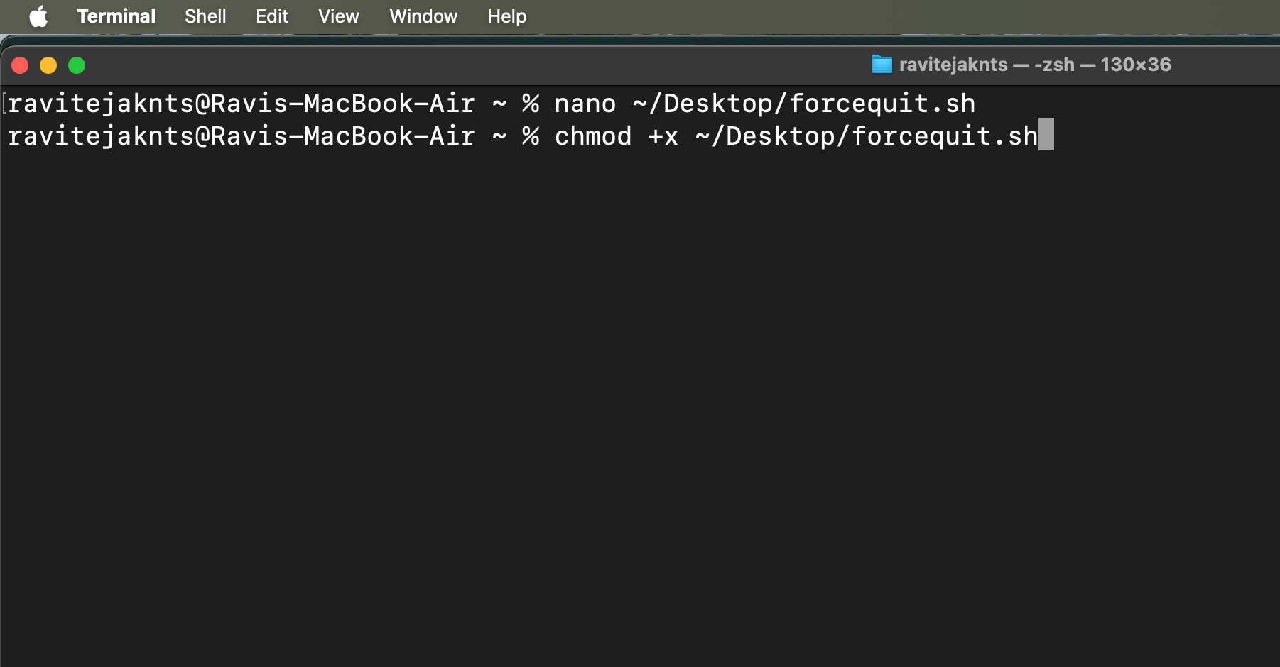 Använda chmod -kommandot för att göra skriptet för att tvinga att sluta appar på en mac körbar
