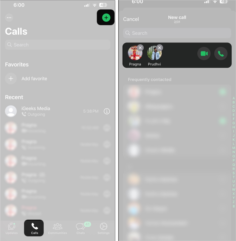 Making a group WhatsApp call from the Calls tab on an iPhone