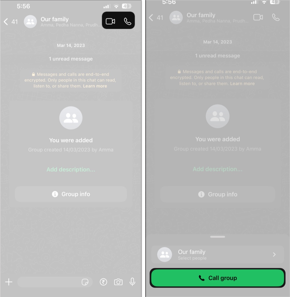 Making a group WhatsApp call from the group chat on an iPhone