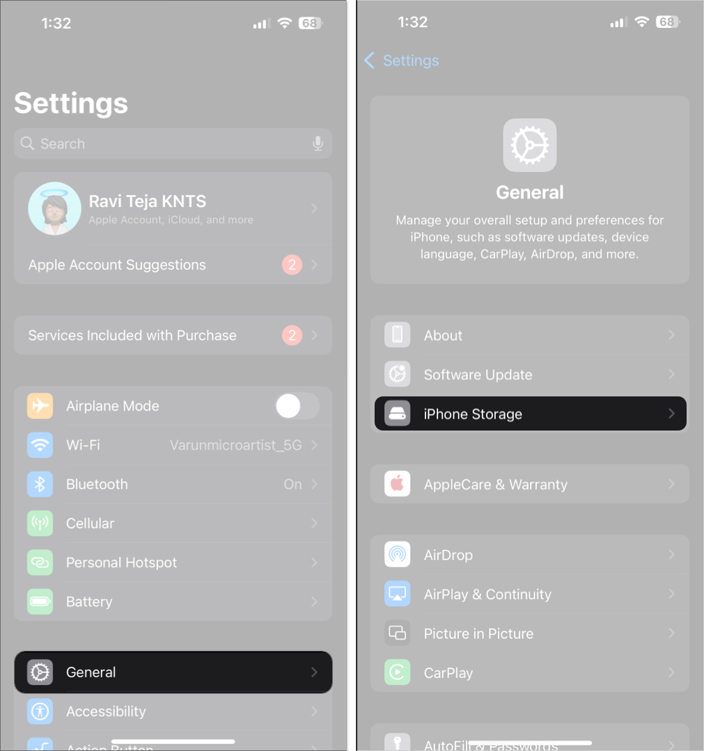 Åtkomst till iPhone -lagringsalternativet i iOS -inställningsappen