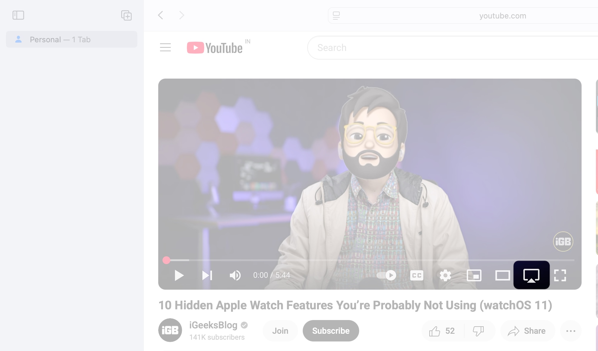 Klicka på AirPlay -ikonen på YouTube på Safari på en Mac