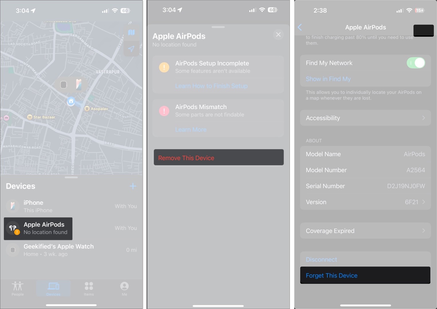 Unpairing and removing AirPods via the Find My app on an iPhone