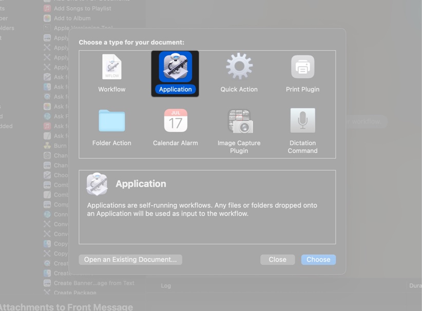 Ställa in dokumenttypen till applikationen i Automator