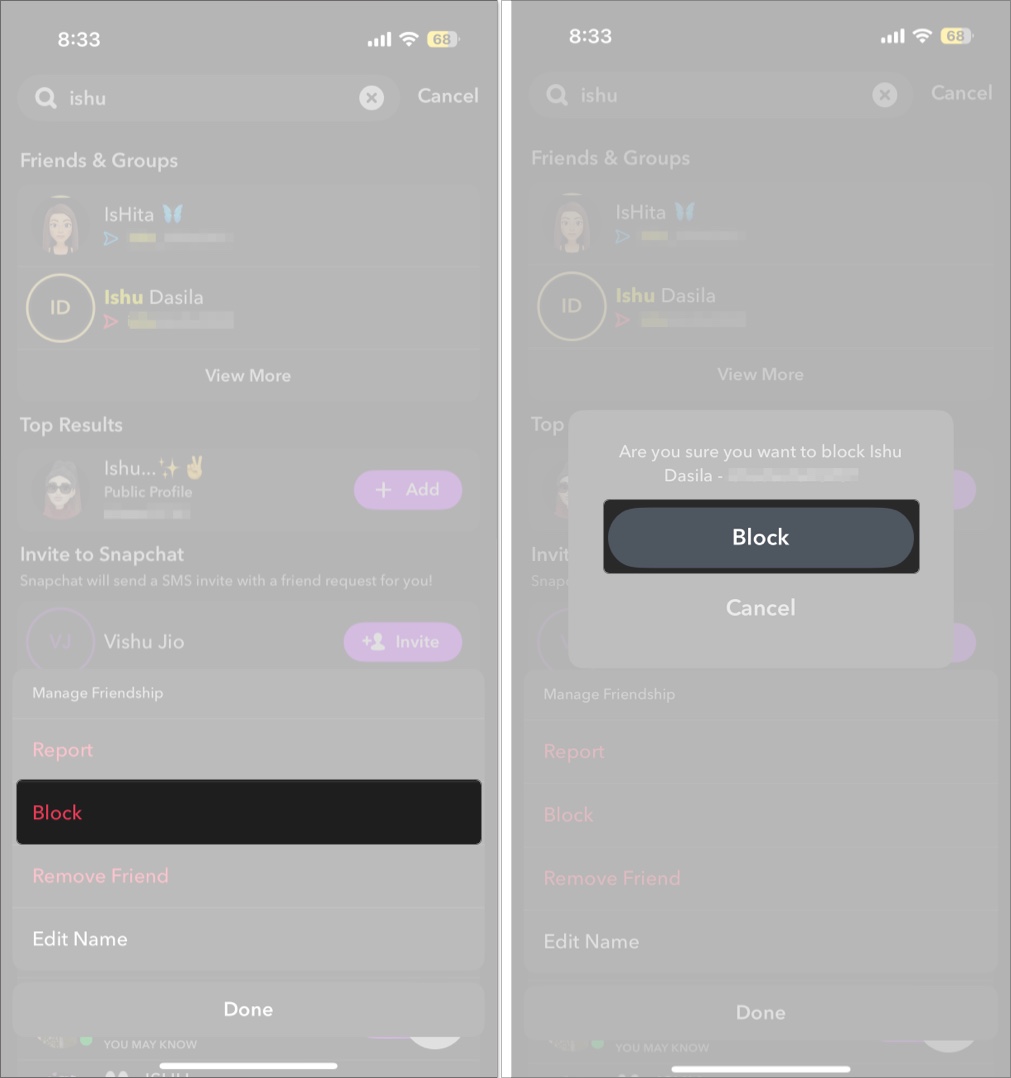 Blockerar en kontakt på Snapchat från chattfliken