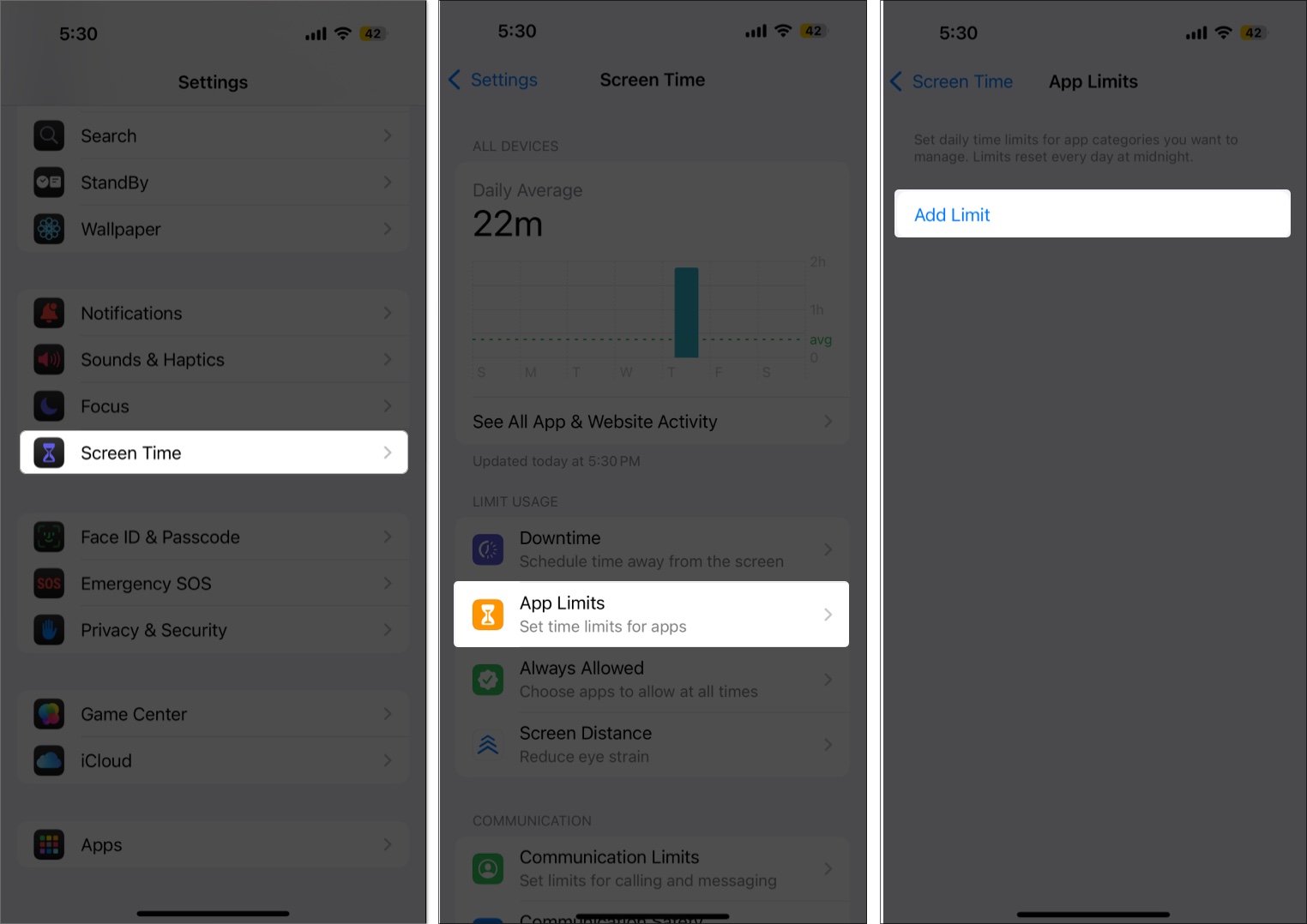 Set app limit in screen time setting in iPhone