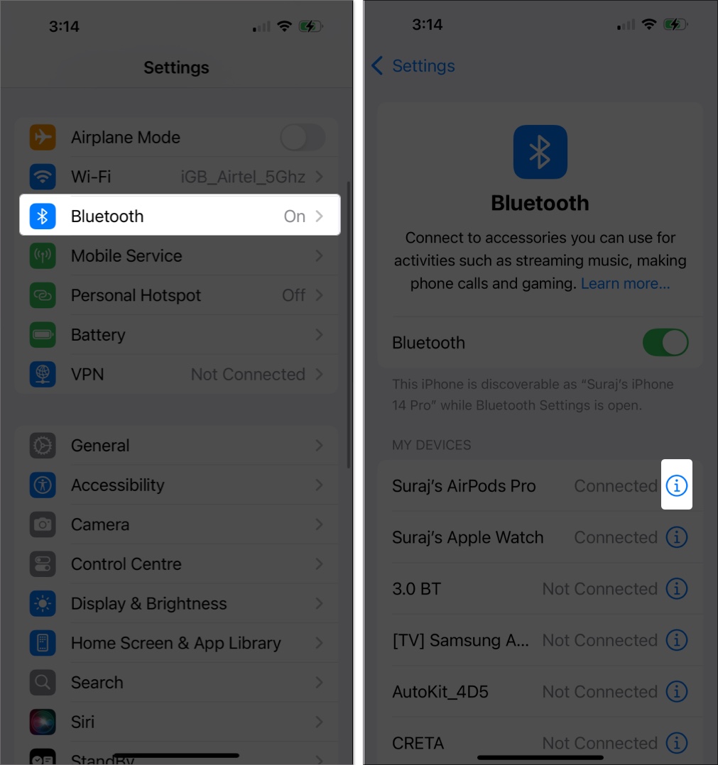 Přístup na informační stránku pro pár připojených AirPods v aplikaci IPhone Settings