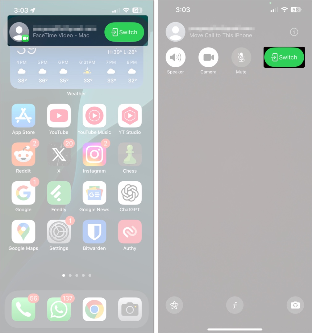 Tryck på switch -knappen i FaceTime -prompten för att initiera en Facetime -samtalsomkopplare till en MAC