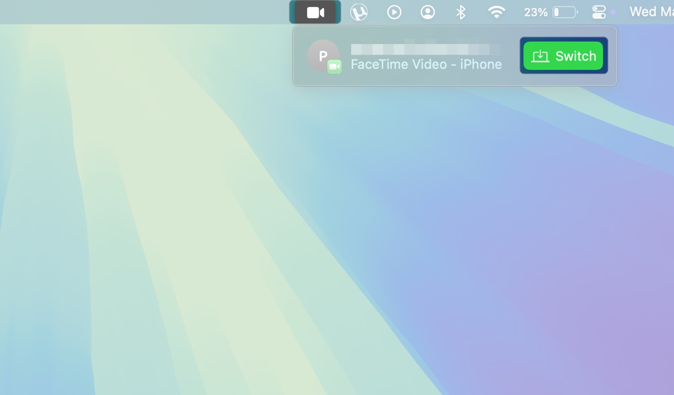Klicka på Switch -knappen i Facetime Menu Bar -ikonen på en Mac för att initiera en Facetime Call Switch
