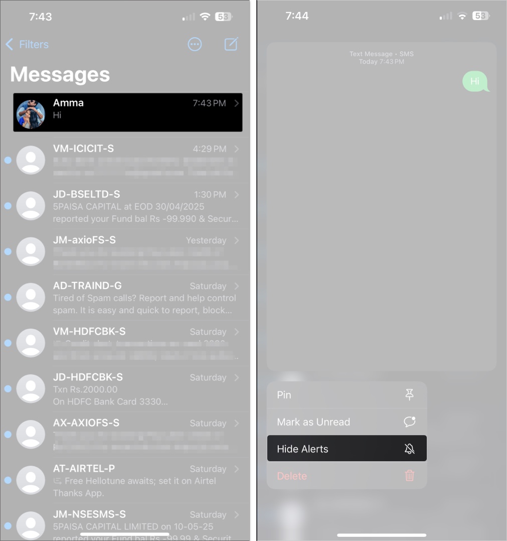 Tryck på och håll konversation i iMessage och knacka på dölj varningar på iPhone