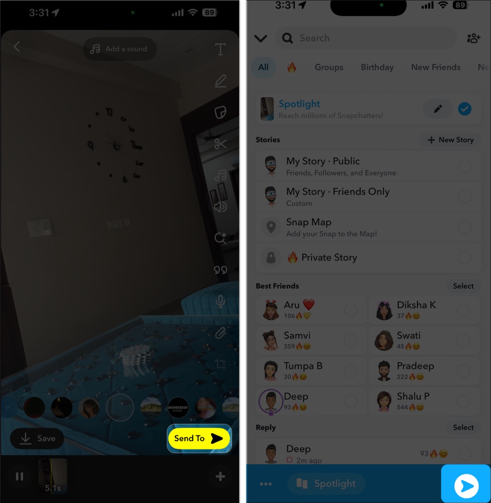 Skicka en Spotlight -video i Snapchat på en iPhone
