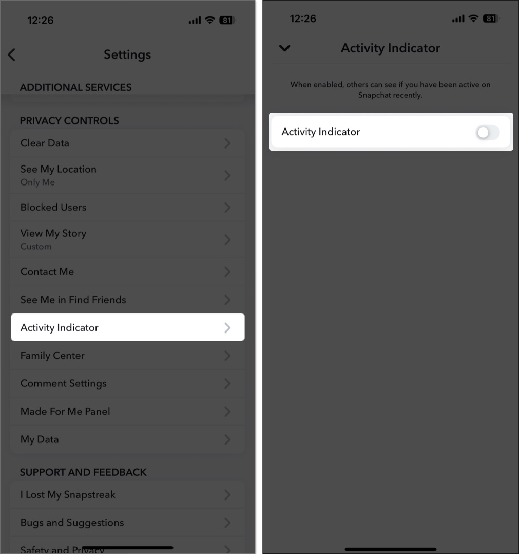 Toggle off to hide green dot in Snapchat setting