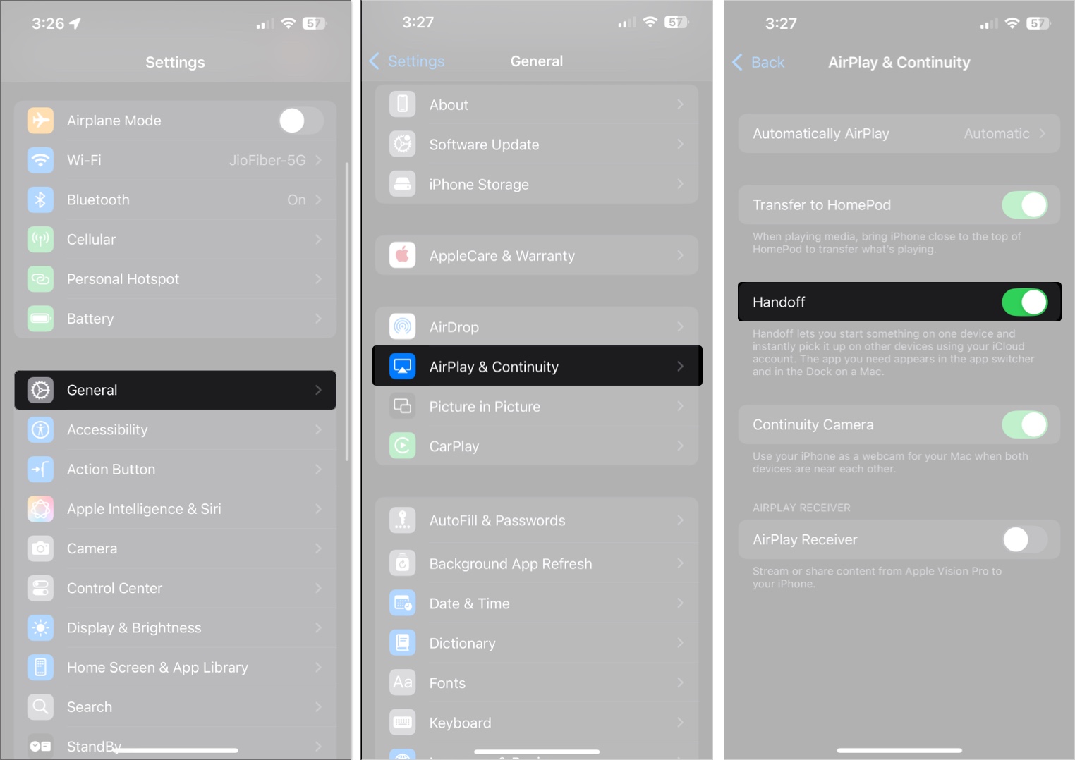 Aktivera handoff -funktionen i iOS -inställningsappen