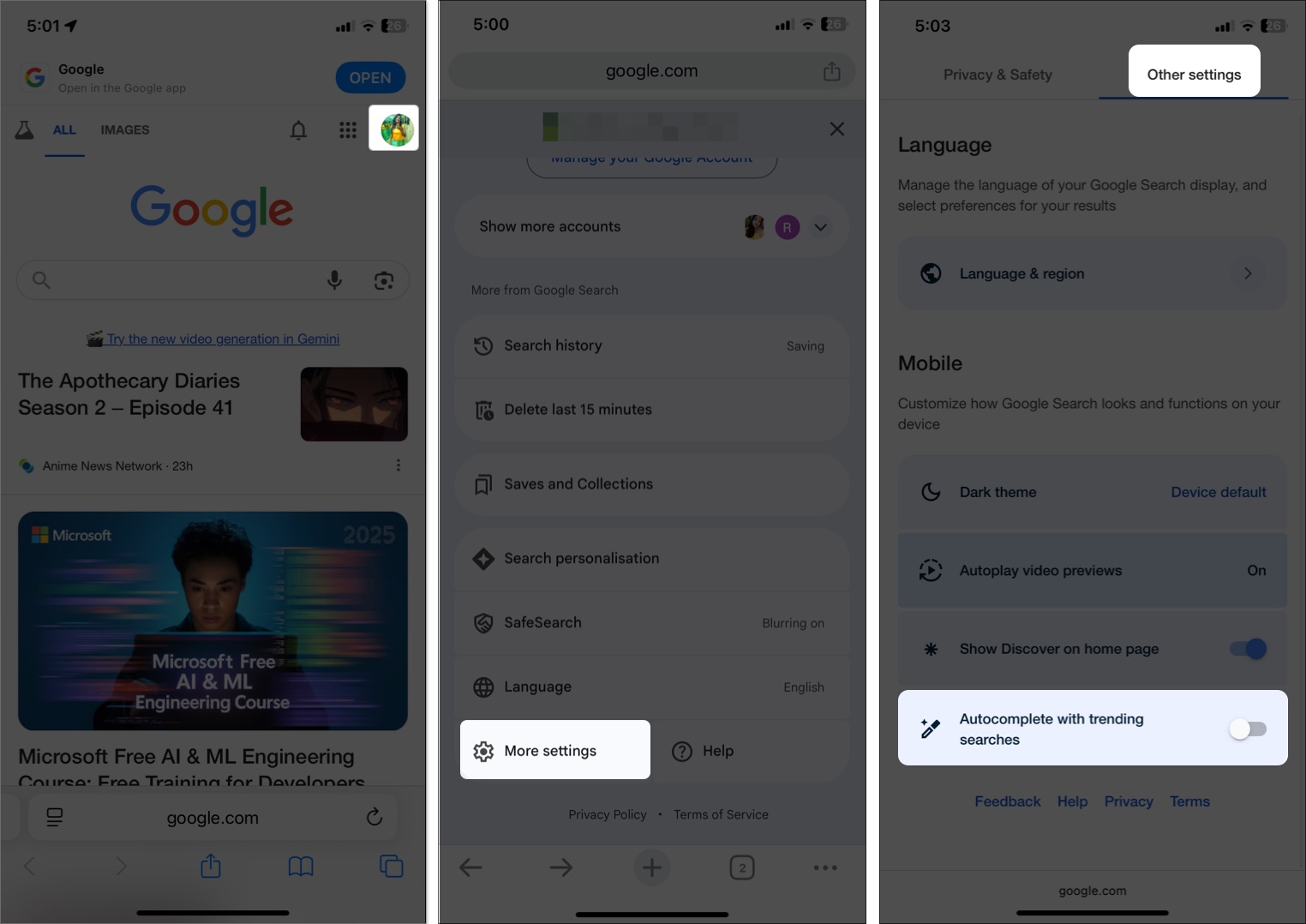 Stäng av Google Trending -sökningar i mobil webbläsare