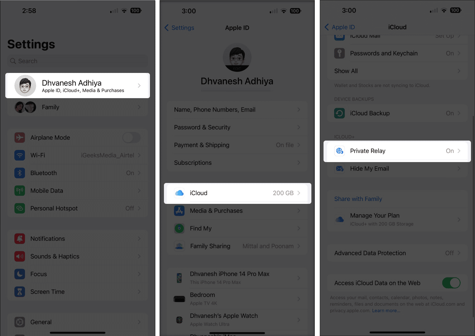 Slå på iCloud Private Relay på en iPhone från inställningsappen