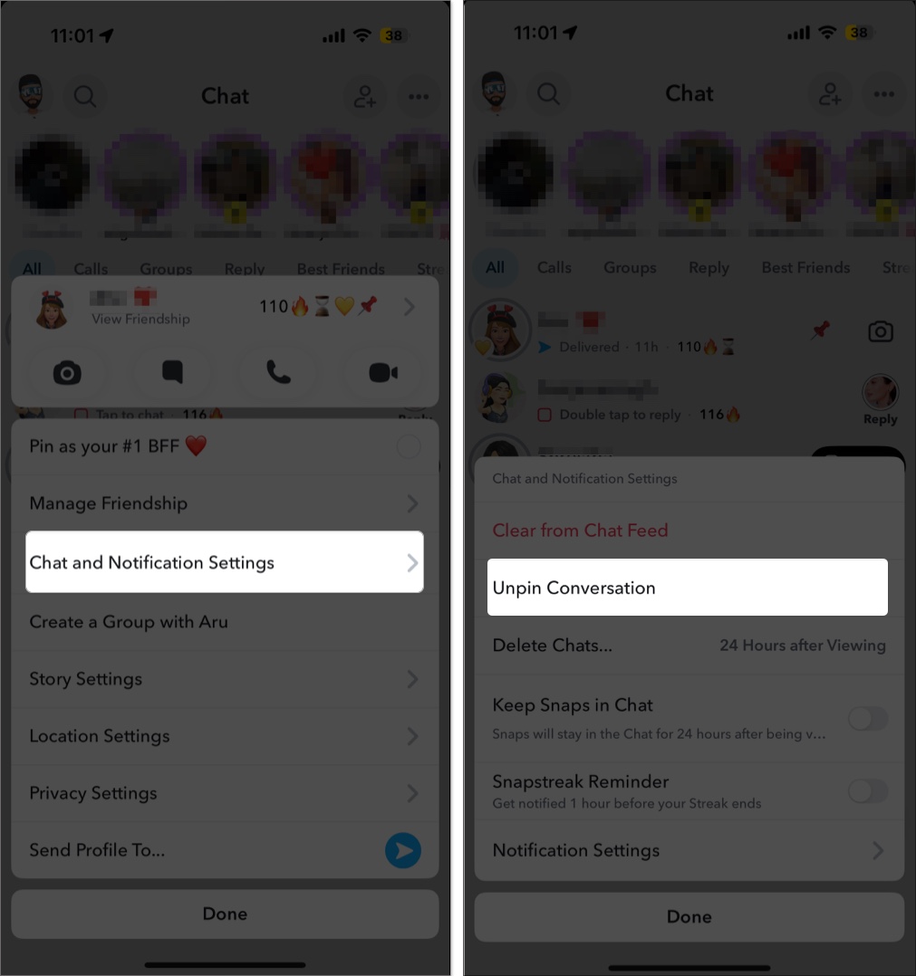 Using the Unpin Conversation option to unpin a pinned chat in Snapchat on an iPhone