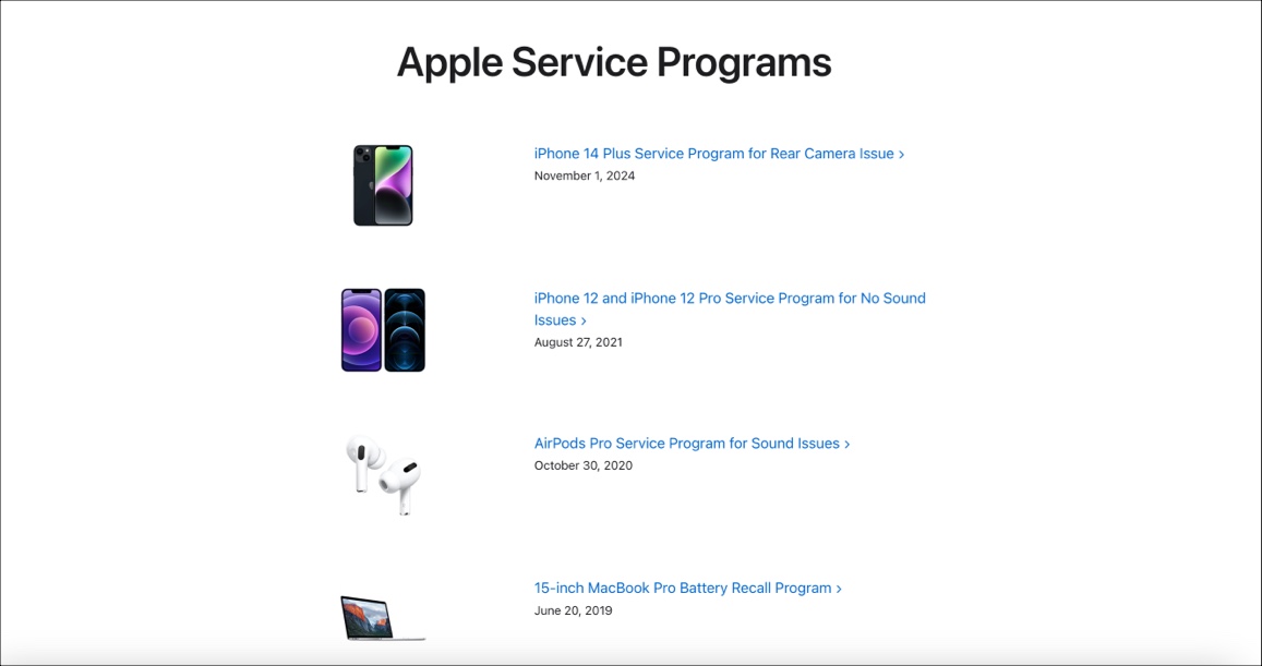 Lista över aktiva serviceprogram på Apples webbplats.