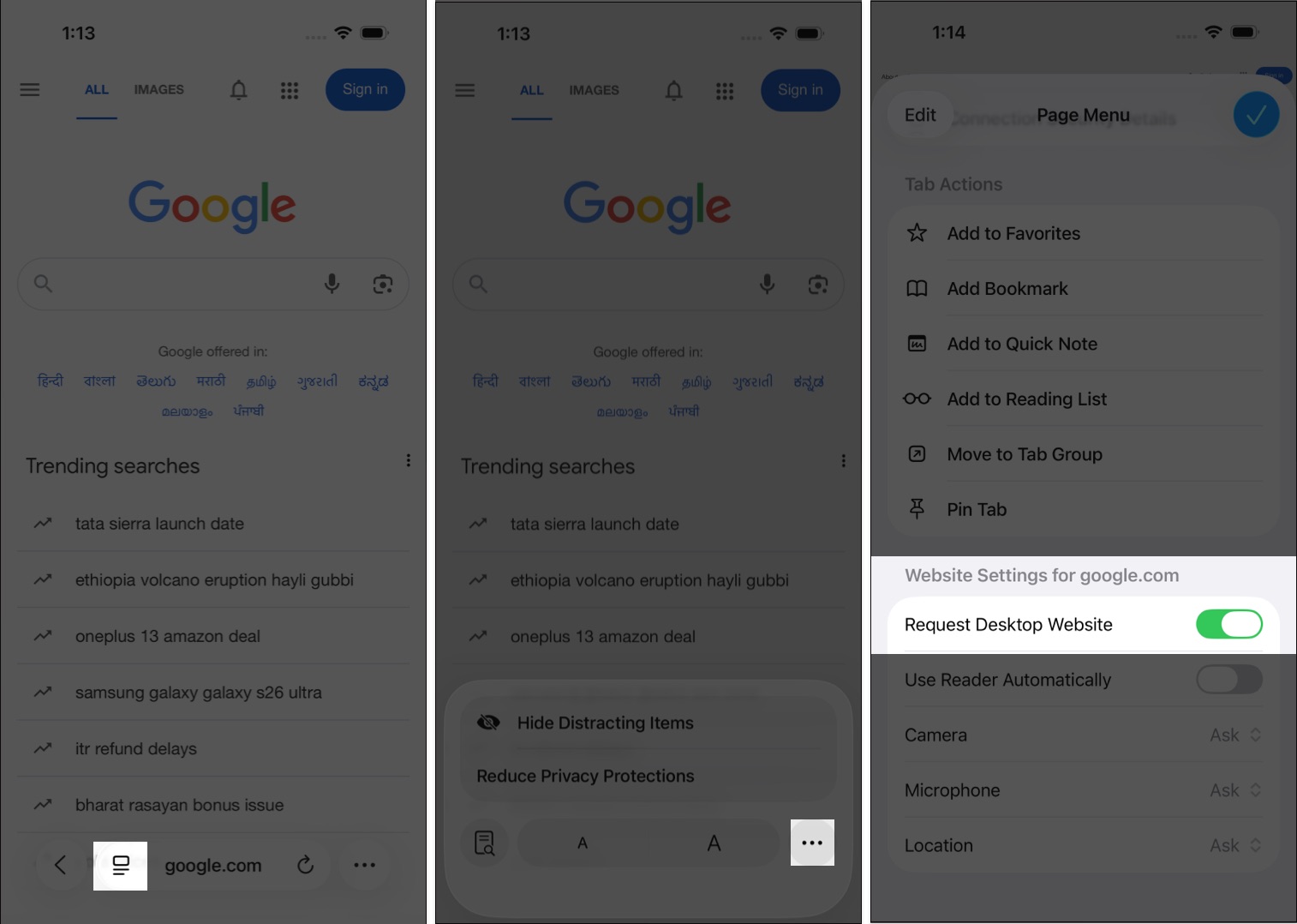 In Safari open site tap the Reader icon and three-dot menu then enable Request Desktop Website