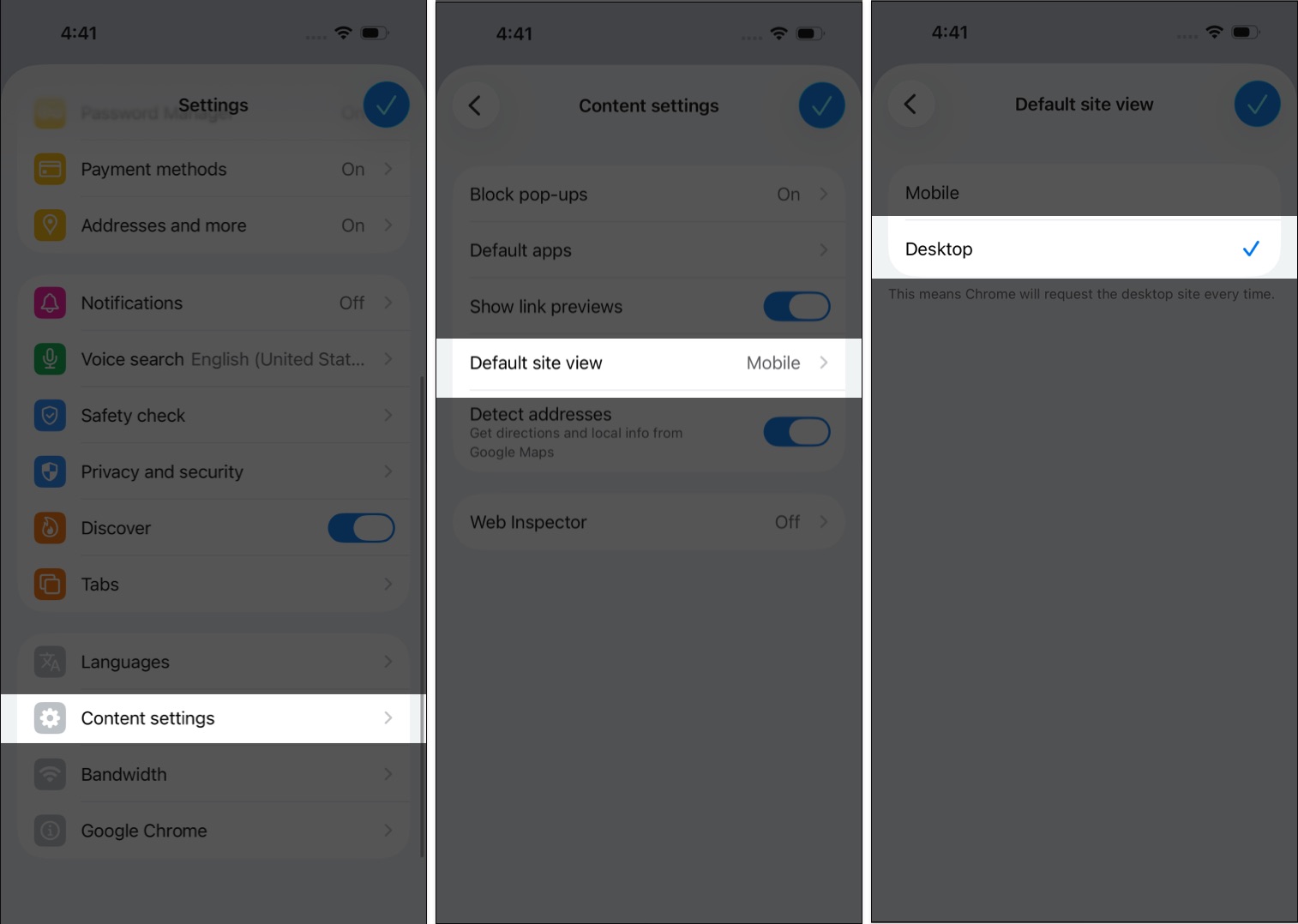 Open Chrome Settings and set Default Site View to Desktop