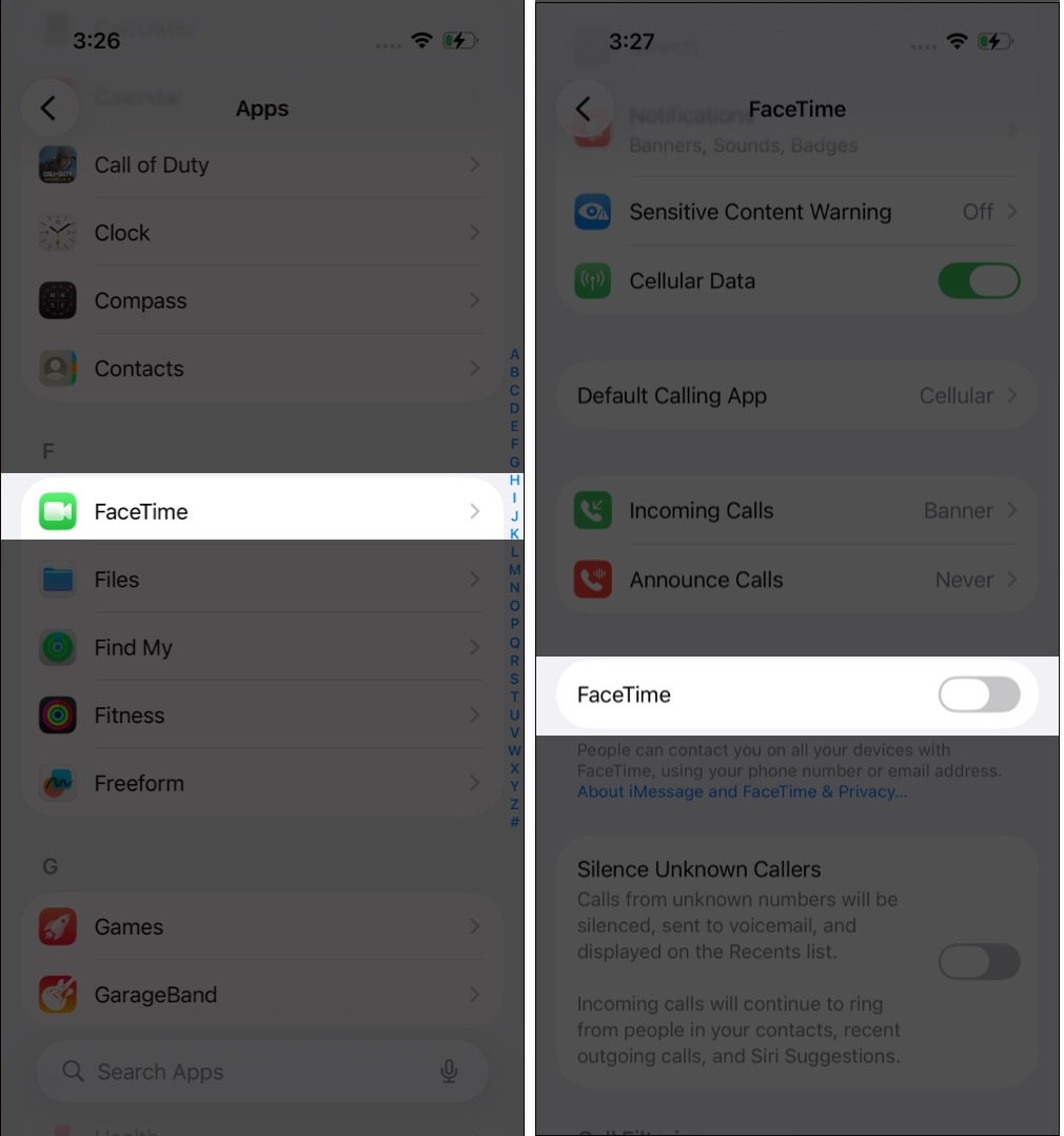 Open Settings select FaceTime and turn it off