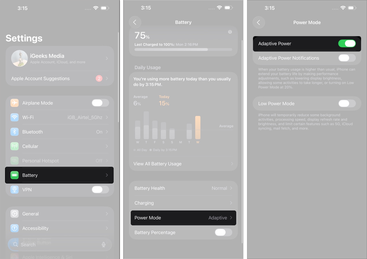 Open battery settings then toggle on adaptive power mode