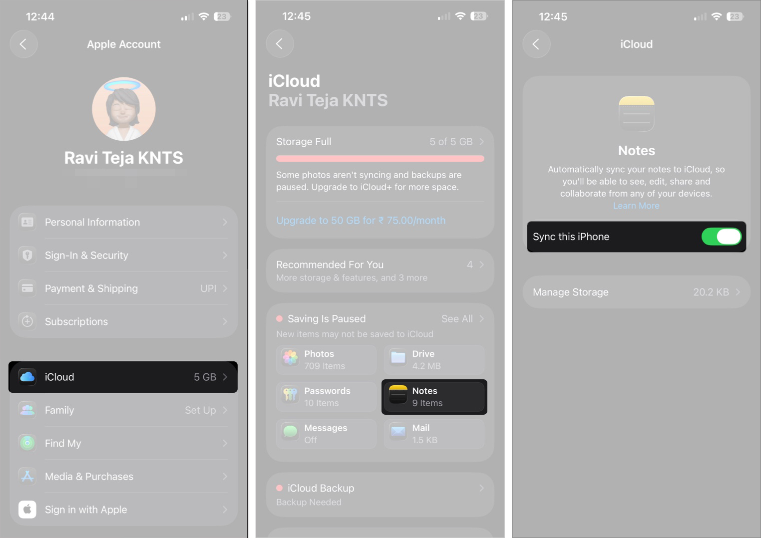 Turn on notes from iclouds on the iphone