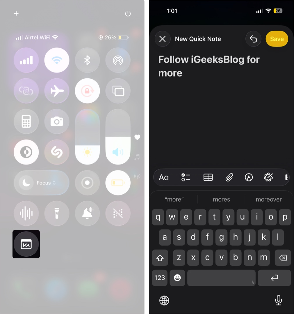 Open control center tap the quick note icon and tap save at the top right