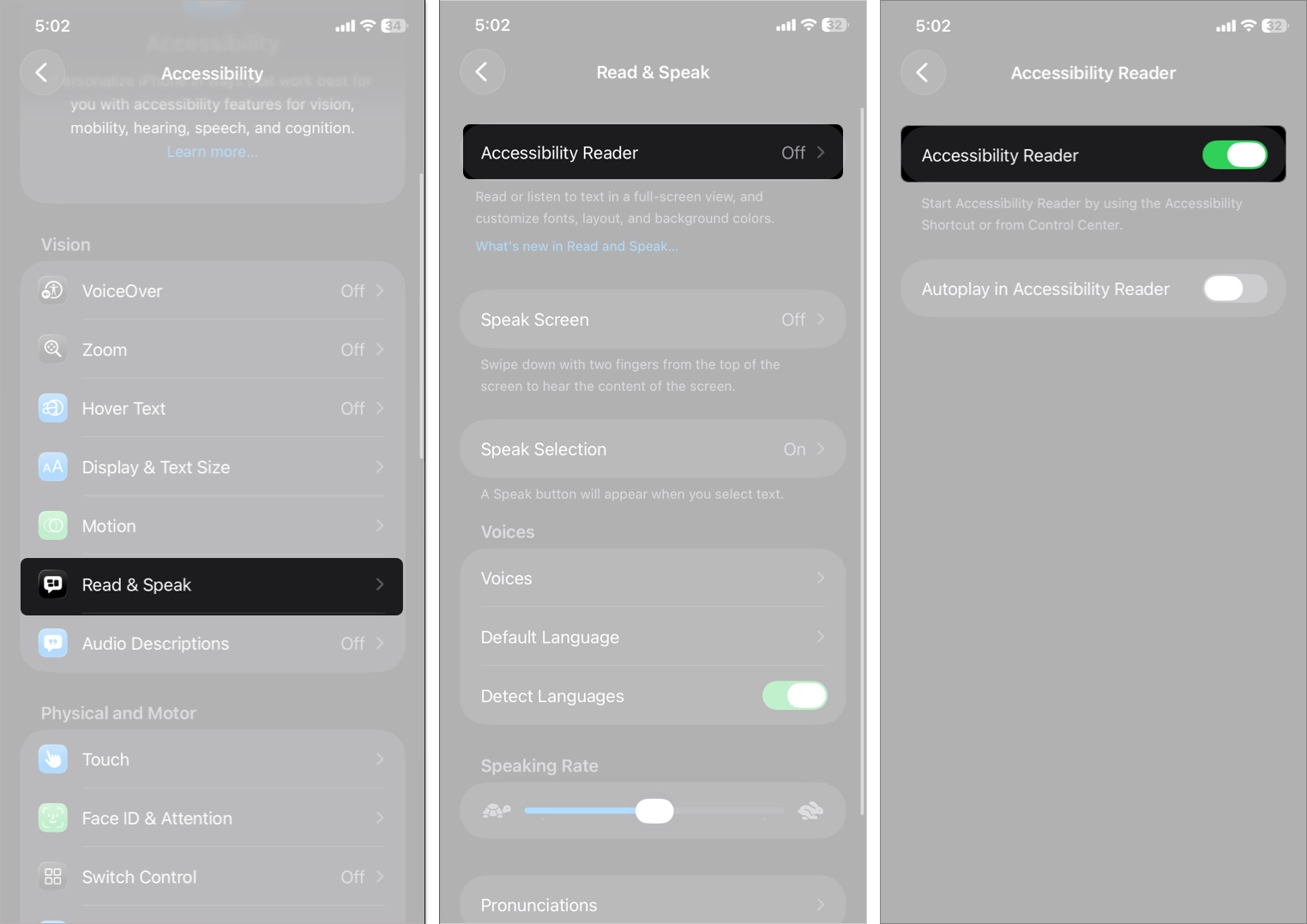 Tap on accessibility reader and toggle on accessibility reader