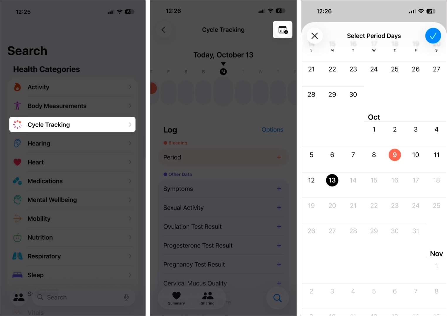 Adding a period in the cycle tracking feature on health app