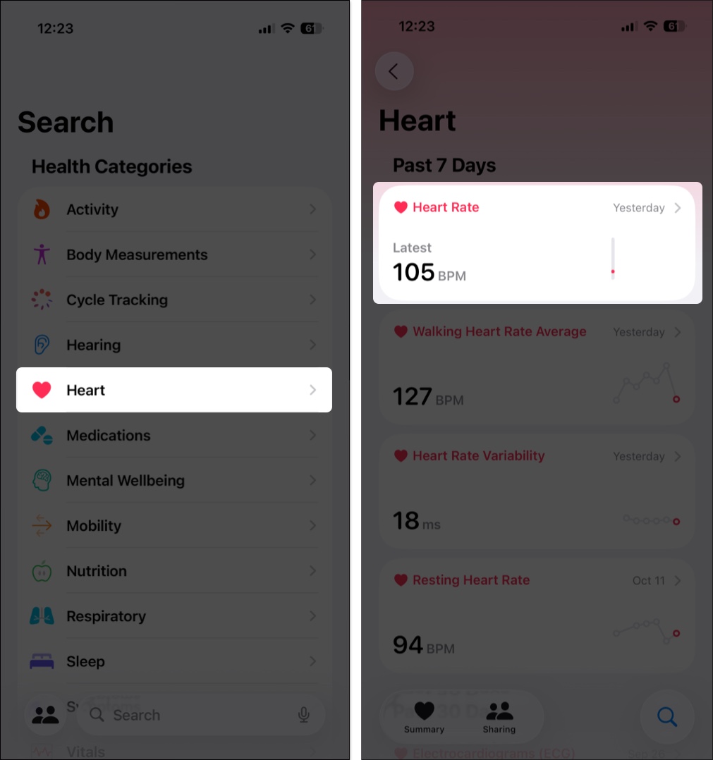 Checking heart rate in health app