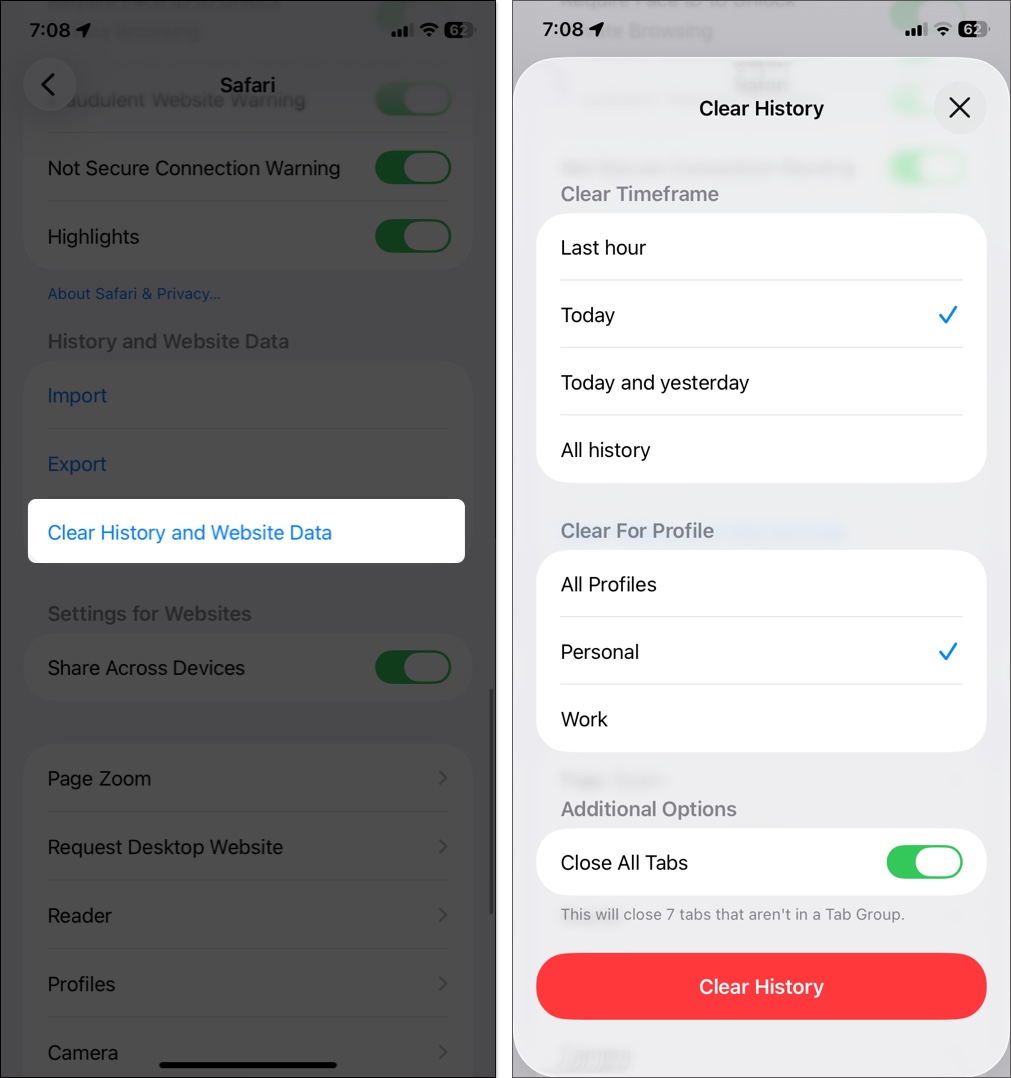 Tap on clear history and website data select a profile or all profiles and clear timeframe and tap clear history