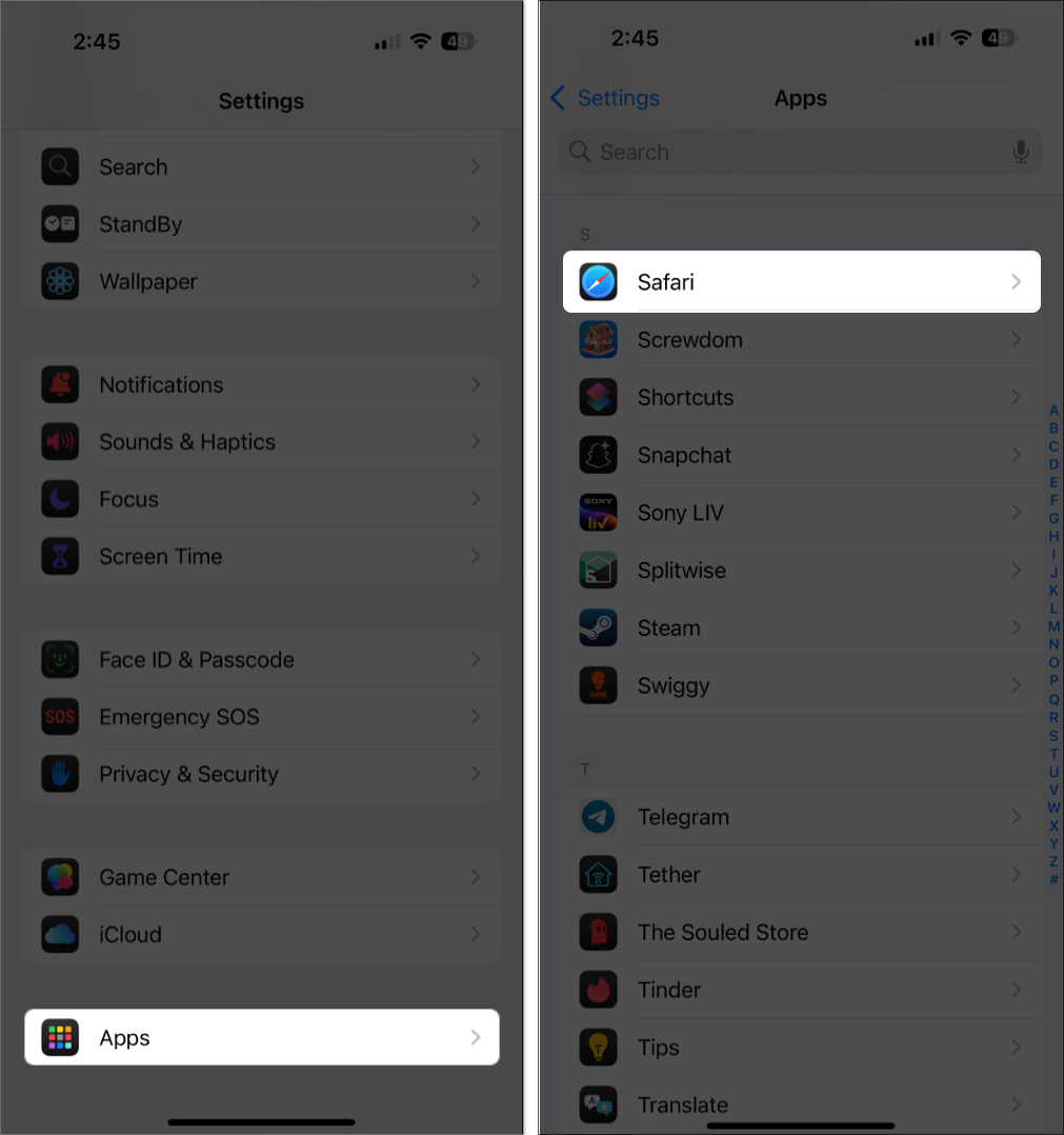Go to settings > apps > safari