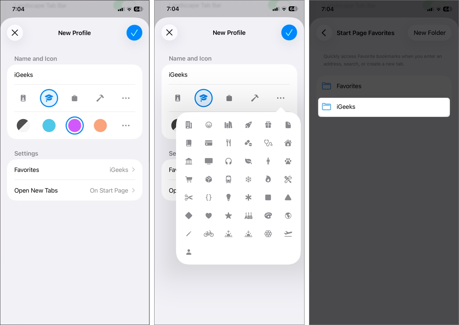 To customize your profile enter a name e G  work choose an icon and color Tap the three dot icon to access more options