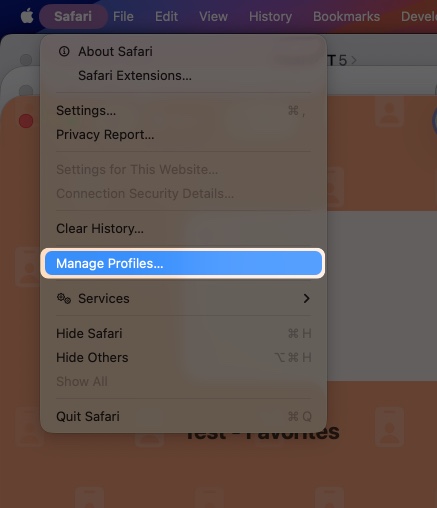 Open the safari app click safari on the menu bar and select manage profiles