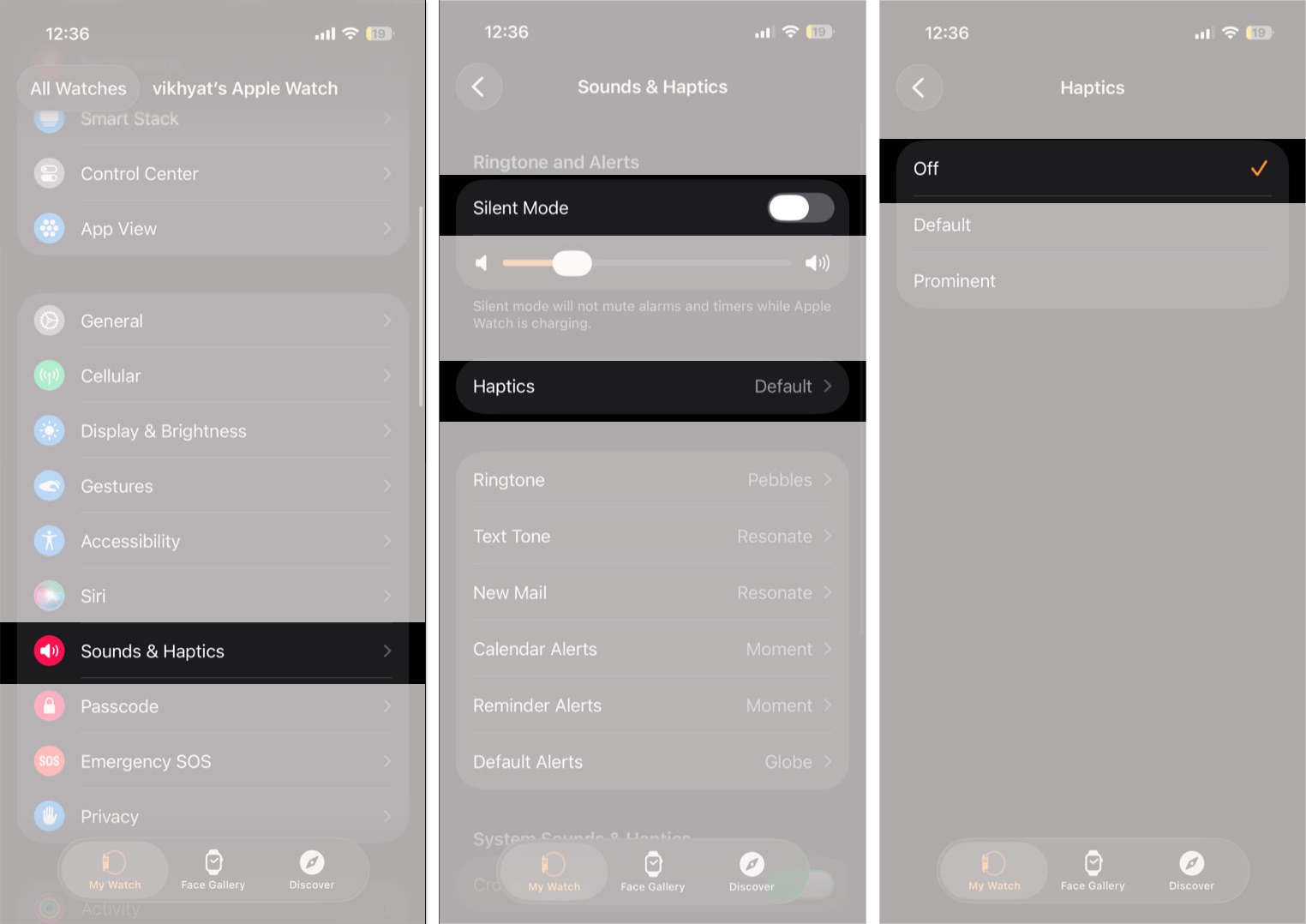 Disable silent mode and haptic feedback in watch app