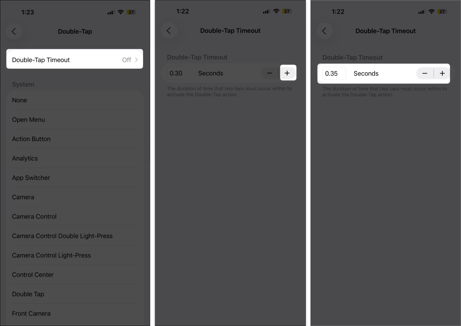 Edit double tap timeout in assistivetouch on the iphone