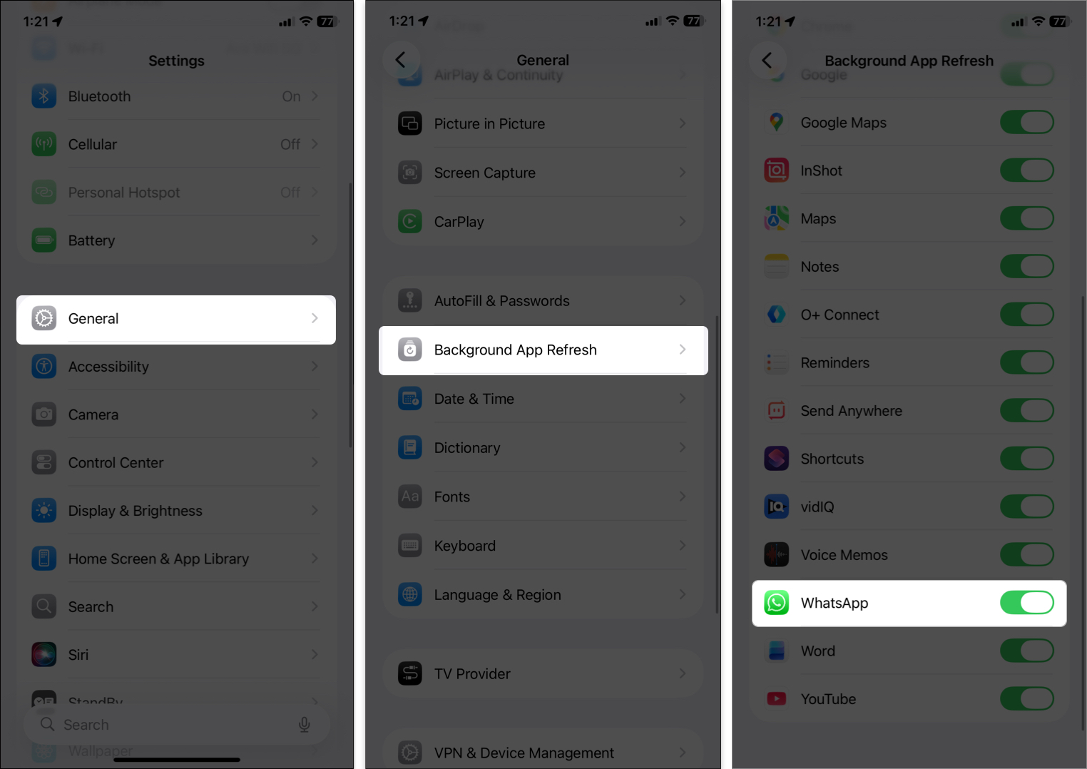 Ensure whatsapp is toggled on in background app refresh