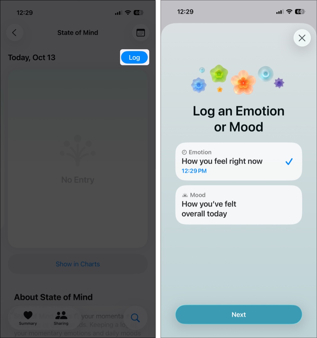 Log an emotion or mood option in state of mind