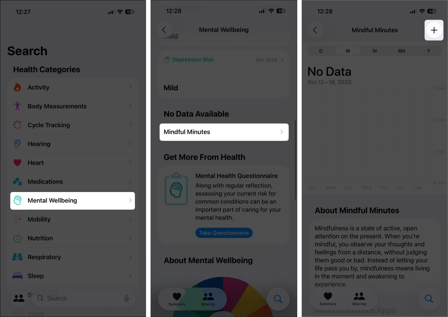 Mindful minutes option under mental wellbeing in health app