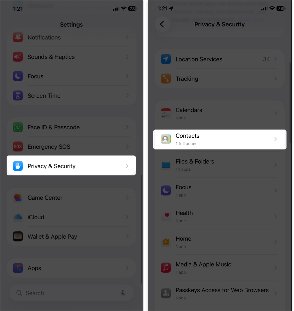 Open settings > privacy  security > contacts